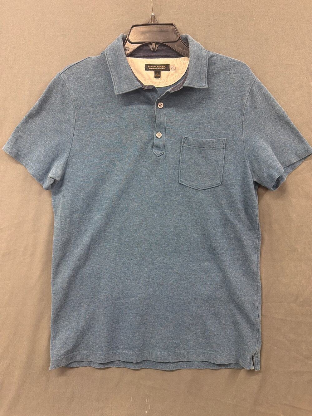 Banana Republic Mens M Performance Pique Polo Shirt Blue Short Sleeve Pocket